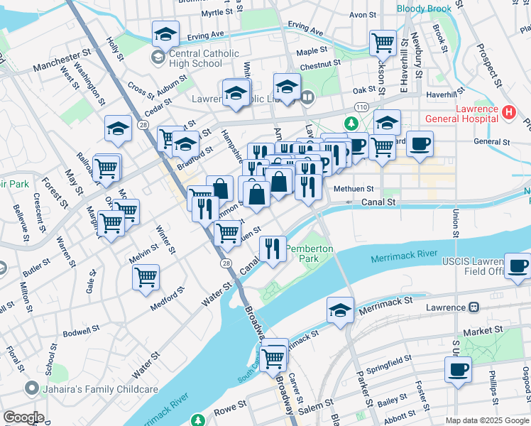 map of restaurants, bars, coffee shops, grocery stores, and more near 445 Essex Street in Lawrence