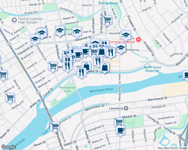 map of restaurants, bars, coffee shops, grocery stores, and more near 2 Museum Square in Lawrence