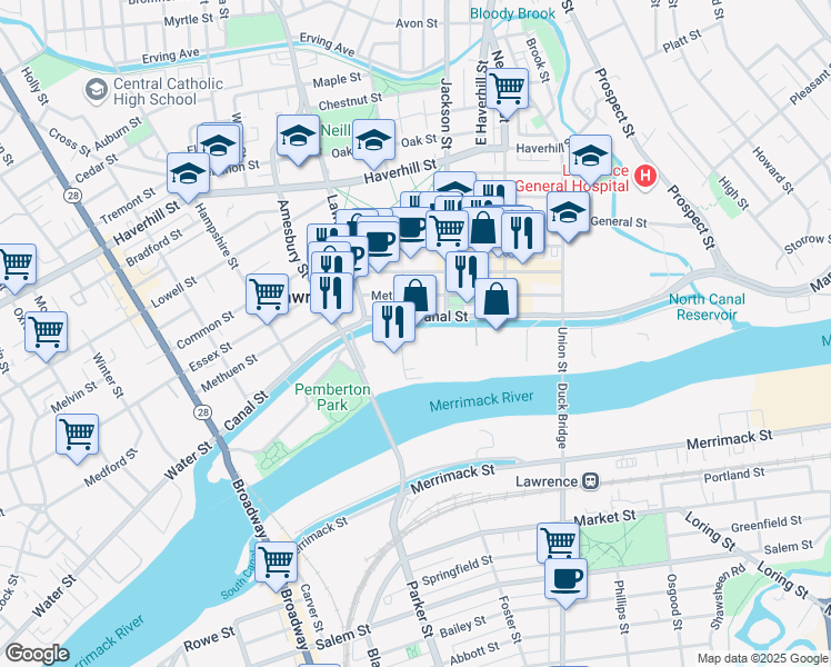 map of restaurants, bars, coffee shops, grocery stores, and more near 2 Museum Square in Lawrence