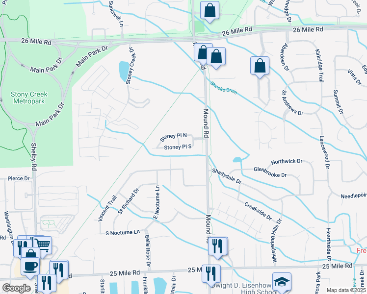 map of restaurants, bars, coffee shops, grocery stores, and more near 5736 Stoney Place South in Shelby Township