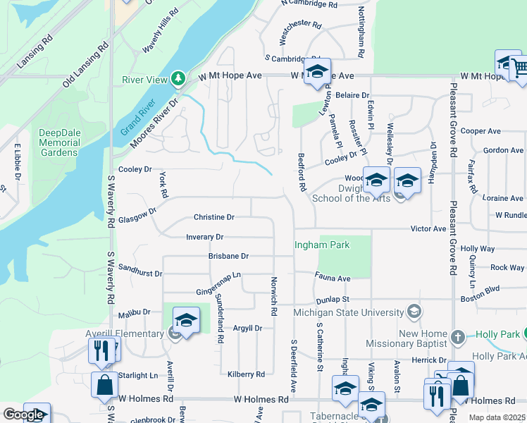 map of restaurants, bars, coffee shops, grocery stores, and more near 3227 Glasgow Drive in Lansing