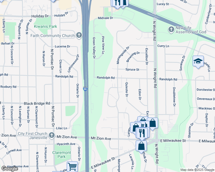 map of restaurants, bars, coffee shops, grocery stores, and more near 3200 Randolph Road in Janesville