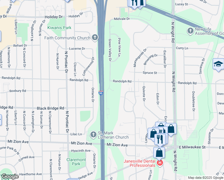 map of restaurants, bars, coffee shops, grocery stores, and more near 1911 Green Valley Drive in Janesville
