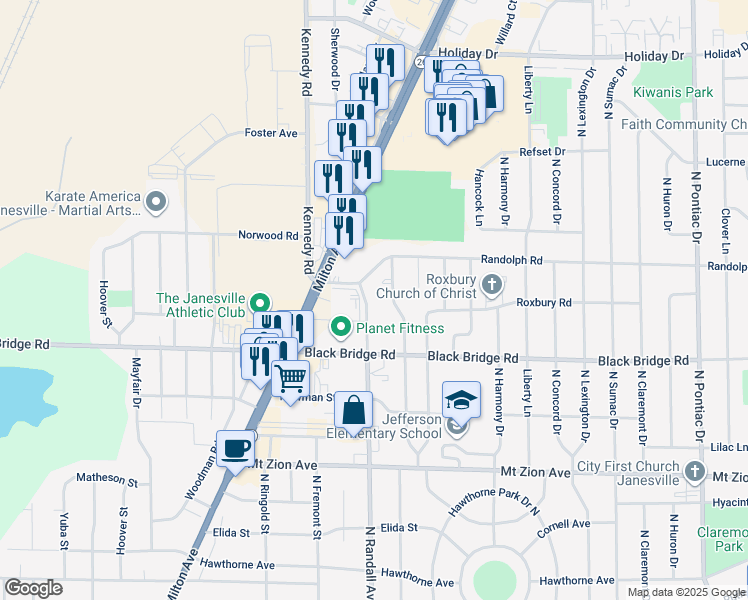 map of restaurants, bars, coffee shops, grocery stores, and more near 1919 Tamarack Lane in Janesville