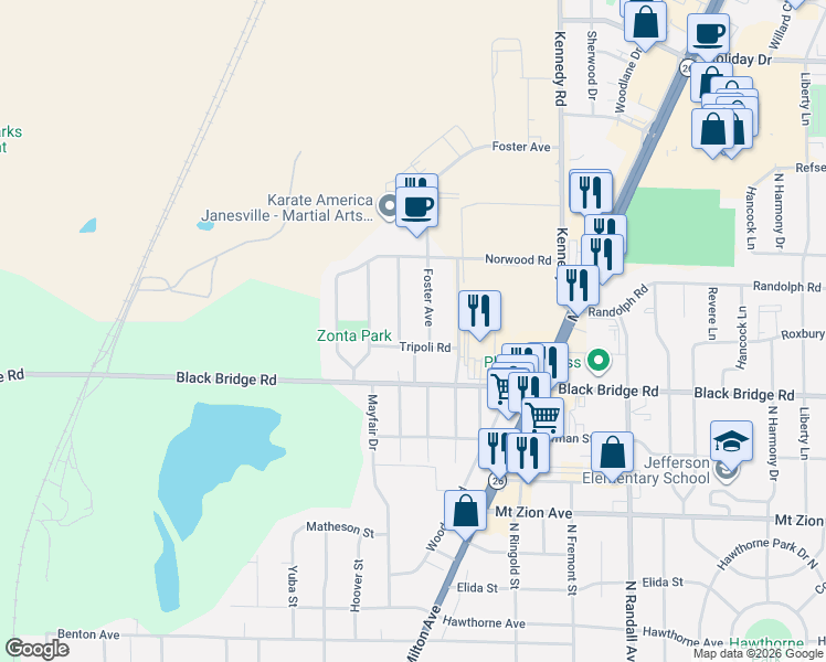 map of restaurants, bars, coffee shops, grocery stores, and more near 1901 Foster Avenue in Janesville