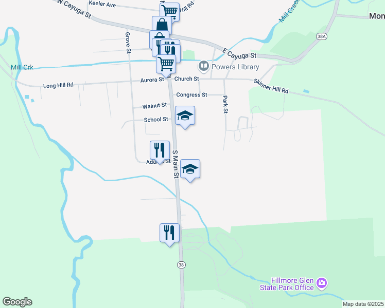 map of restaurants, bars, coffee shops, grocery stores, and more near 52 South Main Street in Moravia