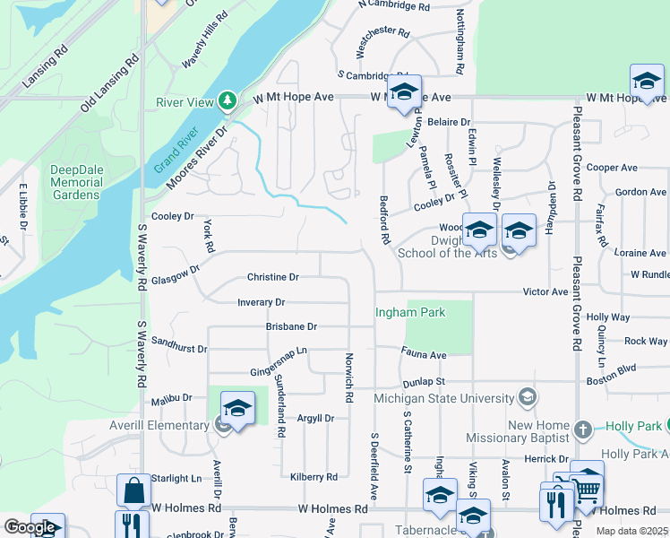 map of restaurants, bars, coffee shops, grocery stores, and more near 3227 Glasgow Drive in Lansing