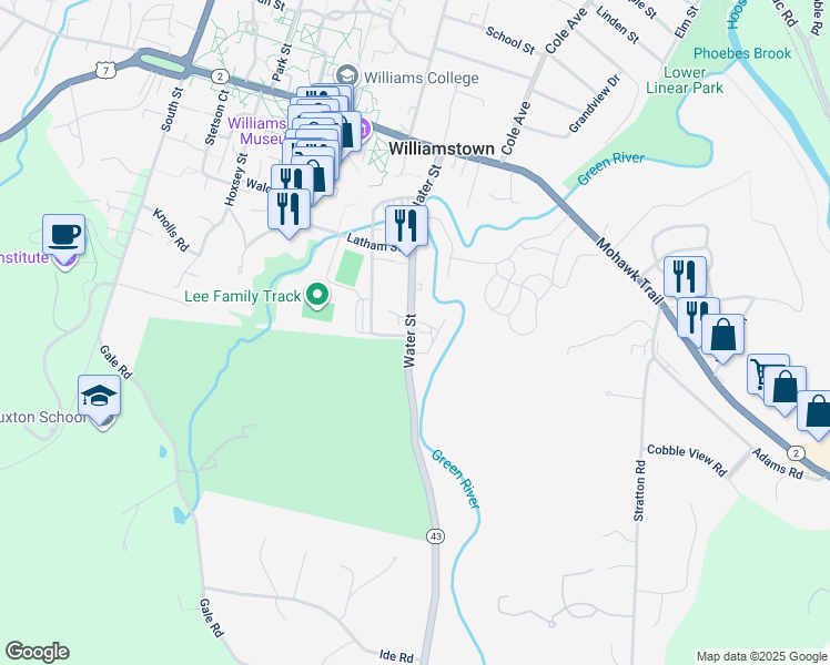 map of restaurants, bars, coffee shops, grocery stores, and more near 194 Water Street in Williamstown