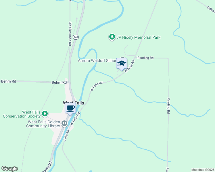 map of restaurants, bars, coffee shops, grocery stores, and more near 595 West Falls Road in West Falls