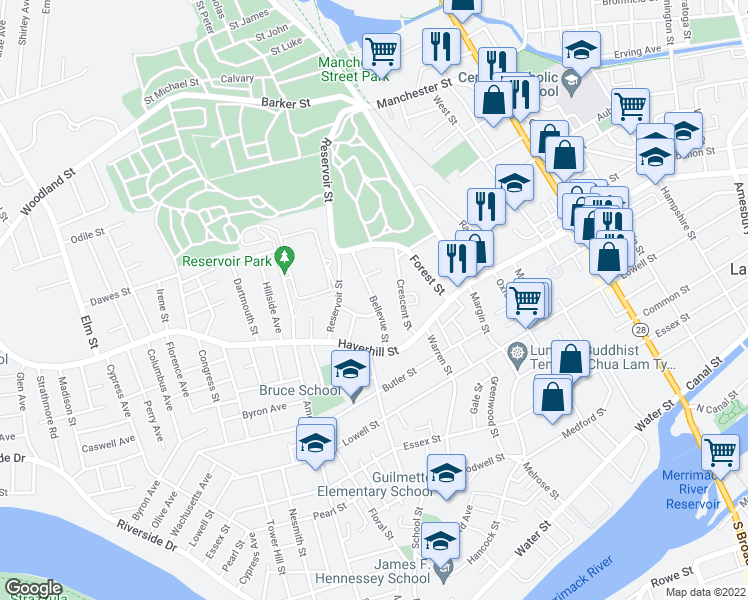 map of restaurants, bars, coffee shops, grocery stores, and more near 36 Bellevue Street in Lawrence