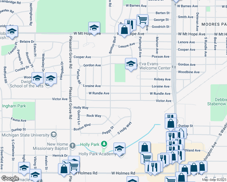 map of restaurants, bars, coffee shops, grocery stores, and more near 1725 Loraine Avenue in Lansing