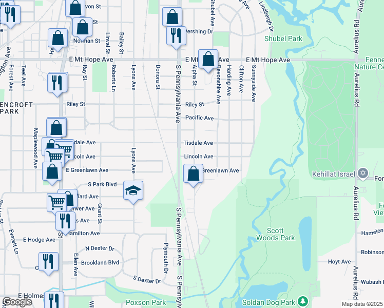 map of restaurants, bars, coffee shops, grocery stores, and more near 1020 Tisdale Avenue in Lansing