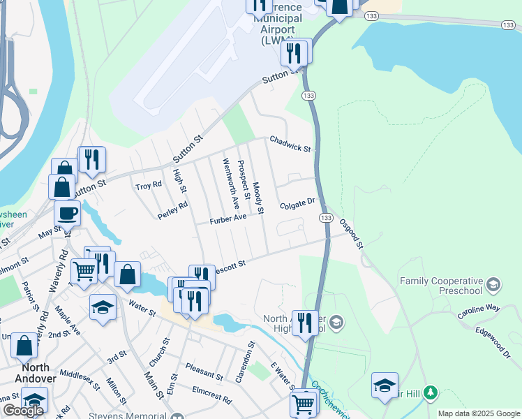 map of restaurants, bars, coffee shops, grocery stores, and more near 55 Moody Street in North Andover