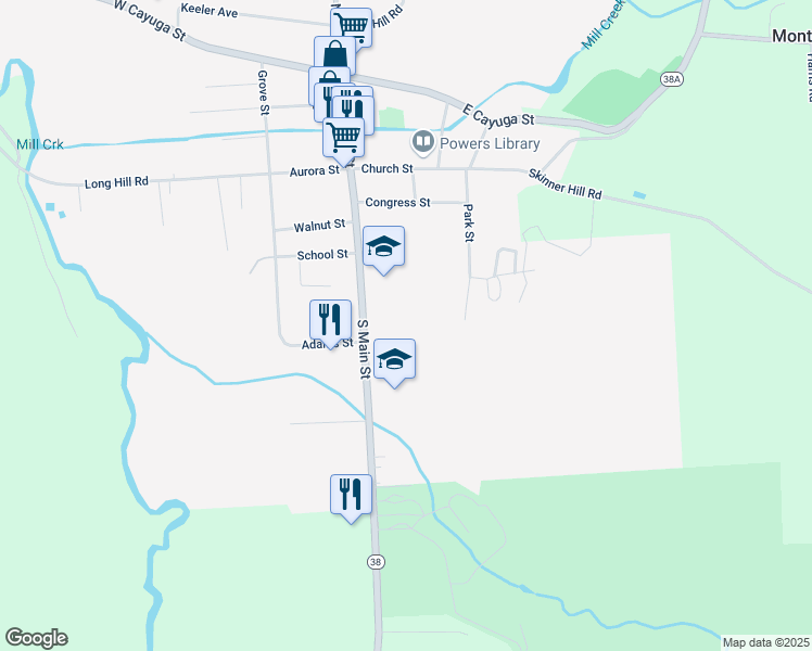 map of restaurants, bars, coffee shops, grocery stores, and more near 52 South Main Street in Moravia