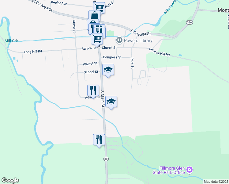 map of restaurants, bars, coffee shops, grocery stores, and more near 52 South Main Street in Moravia