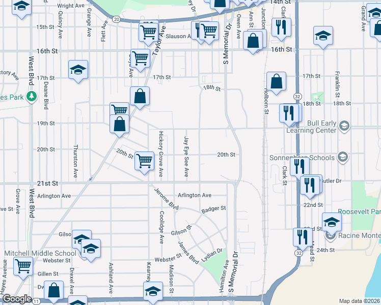 map of restaurants, bars, coffee shops, grocery stores, and more near 1928 Phillips Avenue in Racine