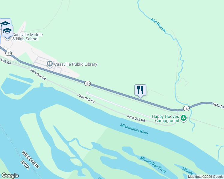 map of restaurants, bars, coffee shops, grocery stores, and more near 11072 Wisconsin 133 in Cassville
