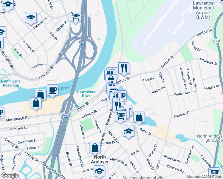 map of restaurants, bars, coffee shops, grocery stores, and more near 200 Sutton Street in North Andover