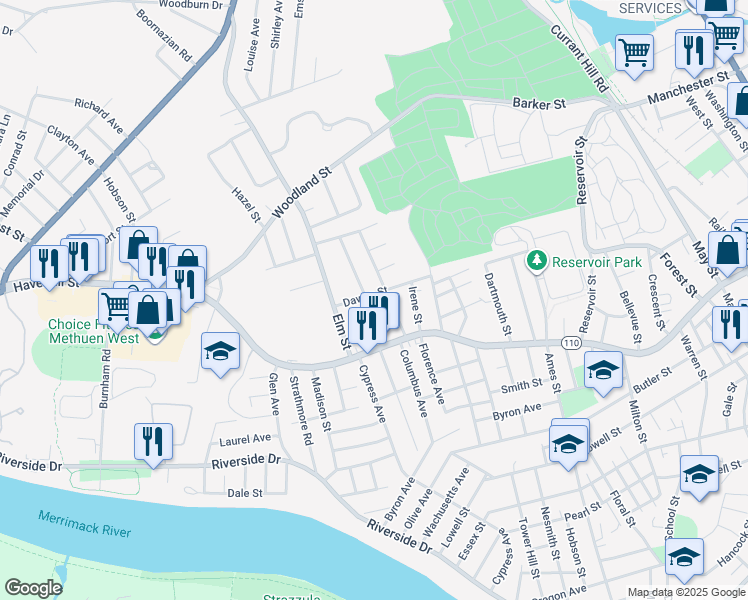 map of restaurants, bars, coffee shops, grocery stores, and more near 188 Dawes Street in Lawrence