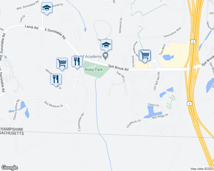 map of restaurants, bars, coffee shops, grocery stores, and more near 5 Midhurst Road in Nashua