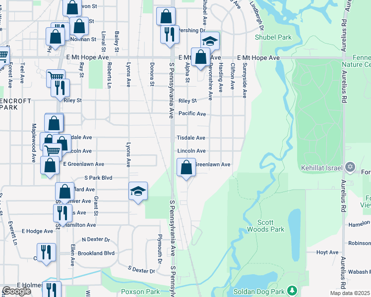 map of restaurants, bars, coffee shops, grocery stores, and more near 1020 Tisdale Avenue in Lansing
