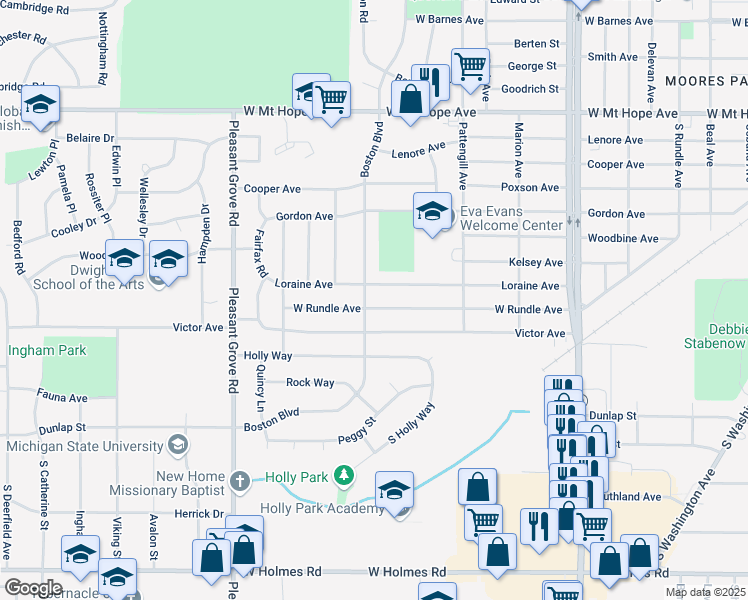 map of restaurants, bars, coffee shops, grocery stores, and more near 1725 Loraine Avenue in Lansing