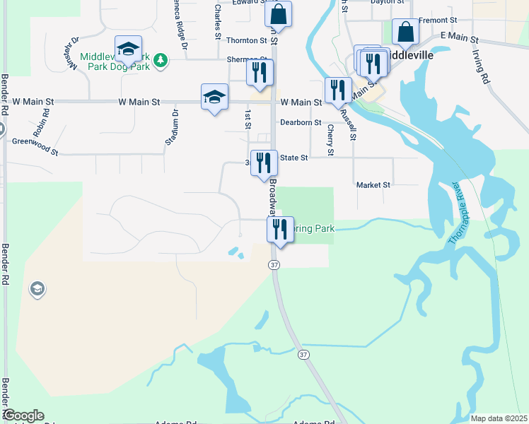 map of restaurants, bars, coffee shops, grocery stores, and more near 512 Broadway Street in Middleville