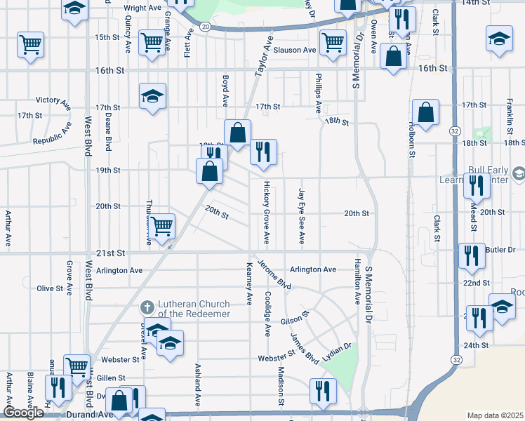 map of restaurants, bars, coffee shops, grocery stores, and more near 1936 Hickory Grove Avenue in Racine