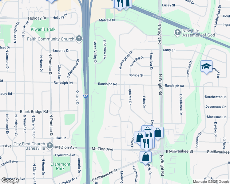 map of restaurants, bars, coffee shops, grocery stores, and more near 3226 Randolph Road in Janesville