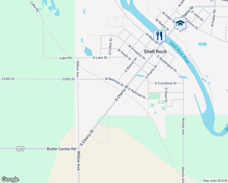 map of restaurants, bars, coffee shops, grocery stores, and more near in Shell Rock