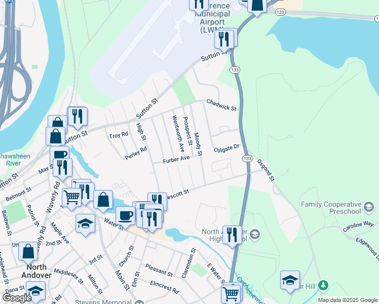 map of restaurants, bars, coffee shops, grocery stores, and more near 15 Wentworth Avenue in North Andover