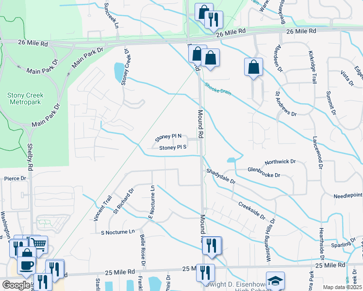 map of restaurants, bars, coffee shops, grocery stores, and more near 5736 Stoney Place South in Shelby Township