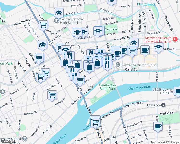 map of restaurants, bars, coffee shops, grocery stores, and more near 473 Essex Street in Lawrence