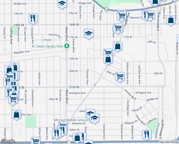 map of restaurants, bars, coffee shops, grocery stores, and more near 1950 Grange Avenue in Racine