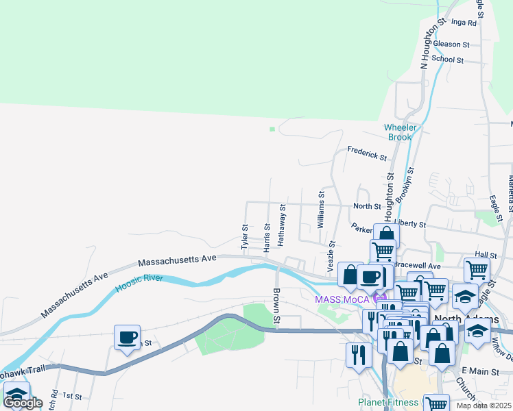 map of restaurants, bars, coffee shops, grocery stores, and more near 217-237 North St in North Adams