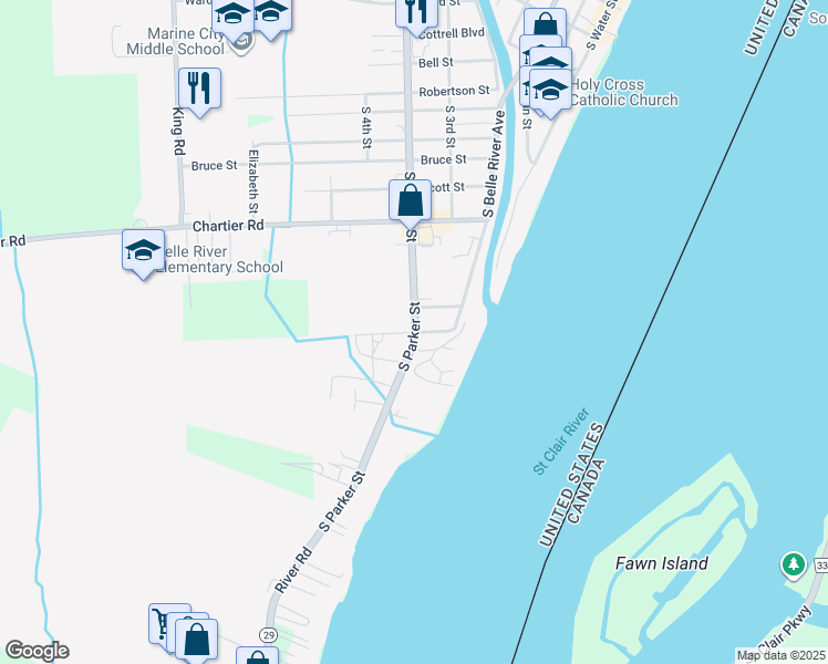 map of restaurants, bars, coffee shops, grocery stores, and more near South River Road in Marine City