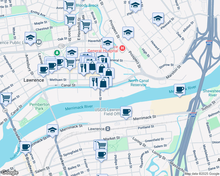 map of restaurants, bars, coffee shops, grocery stores, and more near 11 Union Street in Lawrence