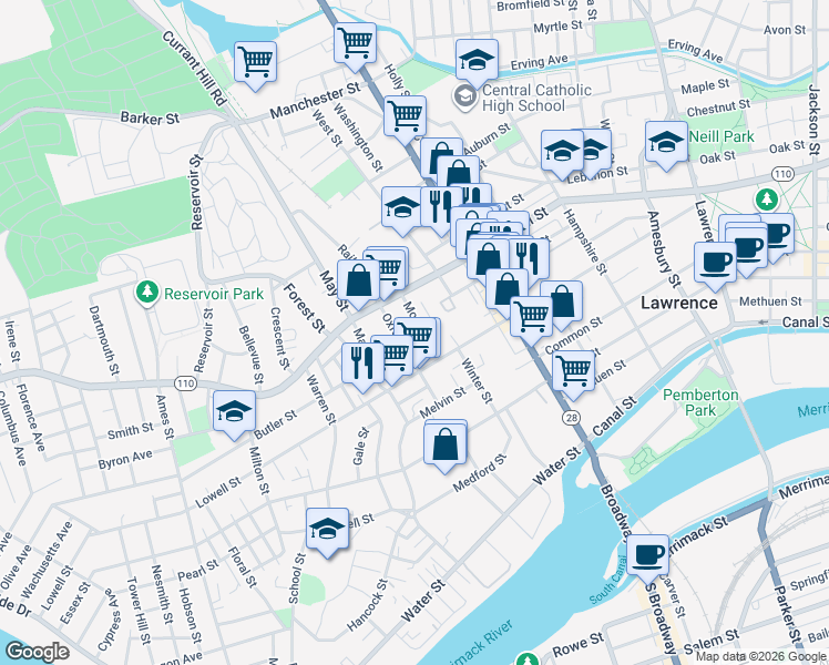 map of restaurants, bars, coffee shops, grocery stores, and more near 36 Morton Street in Lawrence