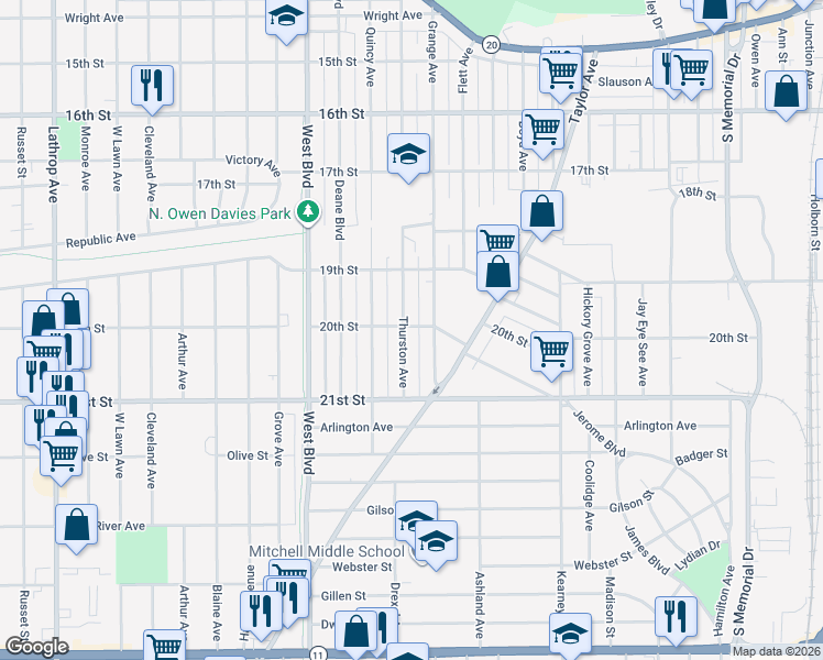 map of restaurants, bars, coffee shops, grocery stores, and more near 1950 Grange Avenue in Racine
