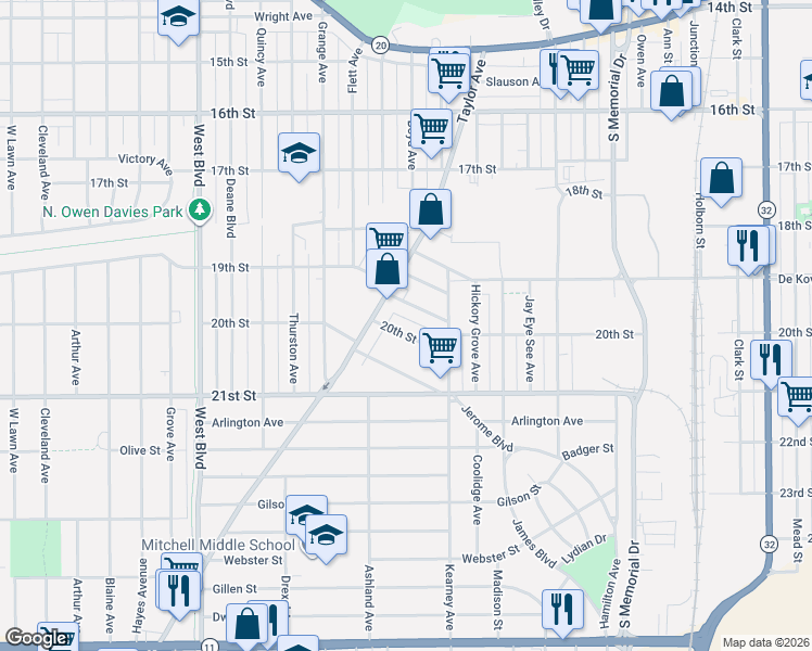 map of restaurants, bars, coffee shops, grocery stores, and more near 2508 20th Street in Racine