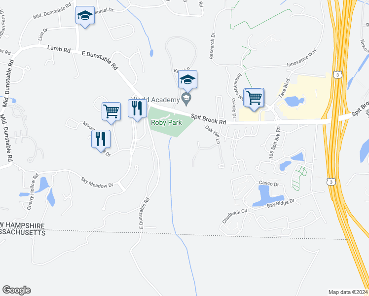 map of restaurants, bars, coffee shops, grocery stores, and more near 6 Midhurst Road in Nashua