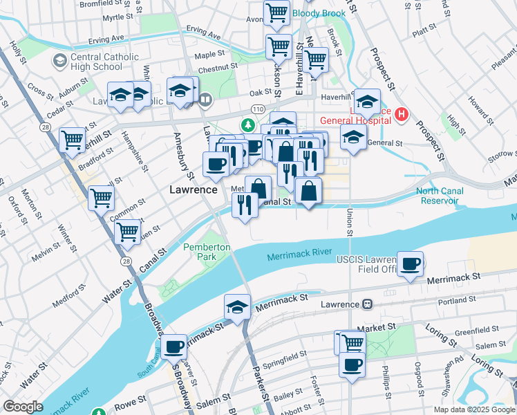 map of restaurants, bars, coffee shops, grocery stores, and more near 300 Canal Street in Lawrence
