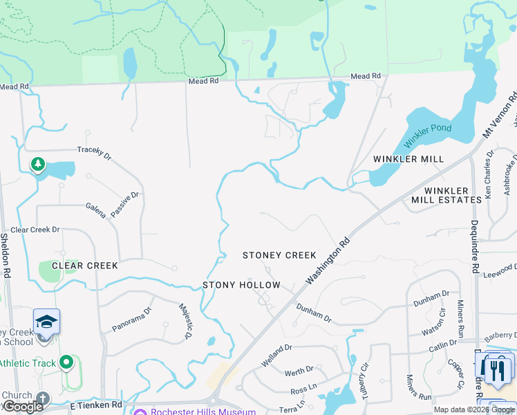 map of restaurants, bars, coffee shops, grocery stores, and more near 2050 Mill Race Road in Rochester Hills