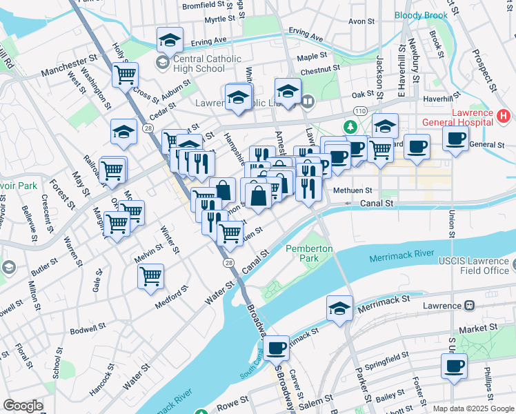 map of restaurants, bars, coffee shops, grocery stores, and more near 422 Common Street in Lawrence