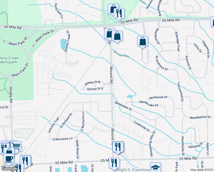 map of restaurants, bars, coffee shops, grocery stores, and more near 56114 Stoney Place Drive in Macomb County
