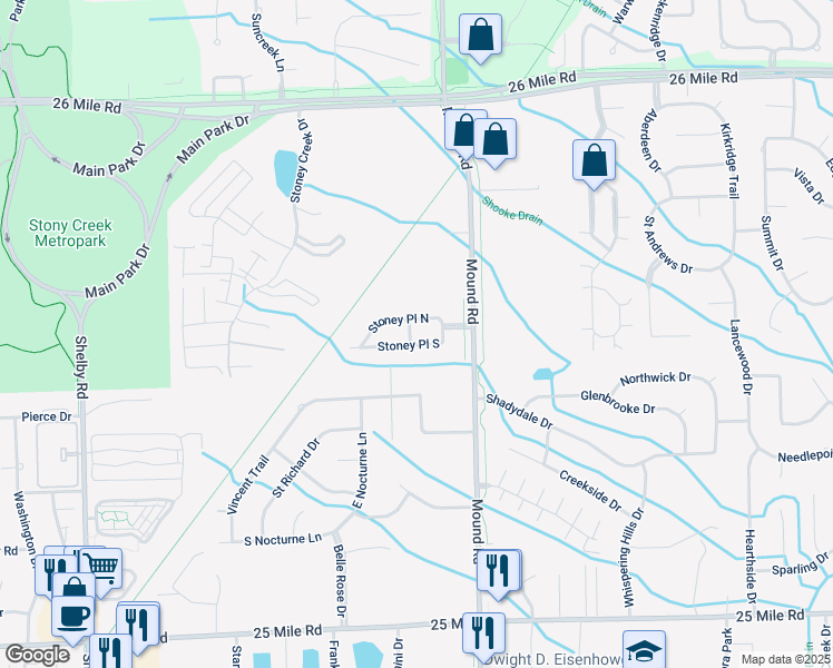 map of restaurants, bars, coffee shops, grocery stores, and more near 5736 Stoney Place South in Shelby Township