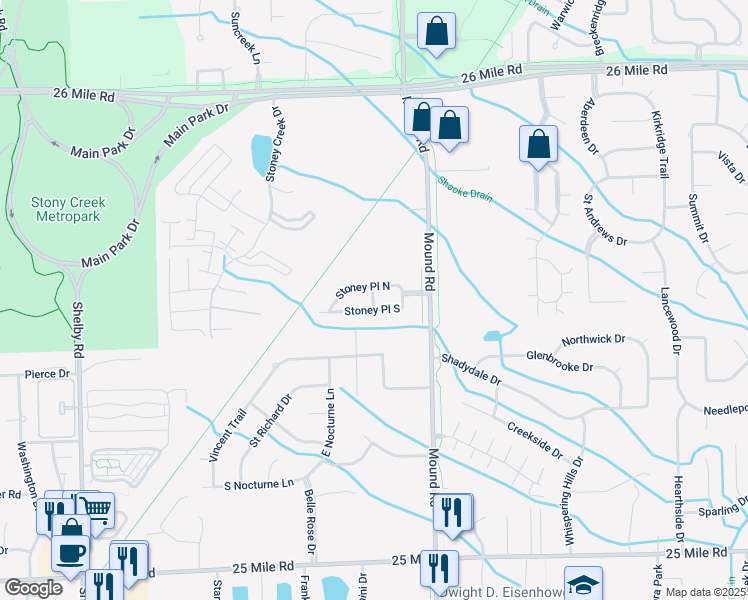 map of restaurants, bars, coffee shops, grocery stores, and more near 5736 Stoney Place South in Shelby Township