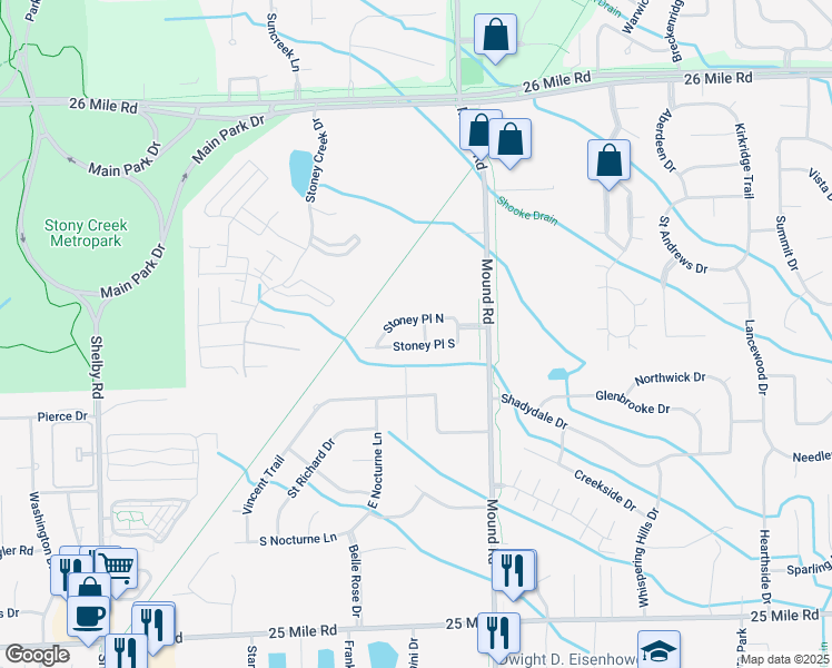 map of restaurants, bars, coffee shops, grocery stores, and more near 5541 Stoney Place North in Shelby Charter Township