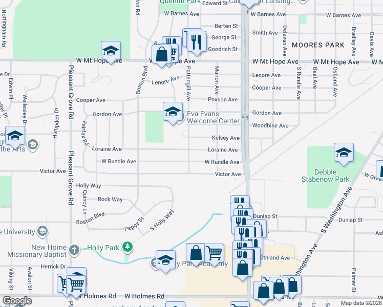 map of restaurants, bars, coffee shops, grocery stores, and more near 1405 Loraine Avenue in Lansing