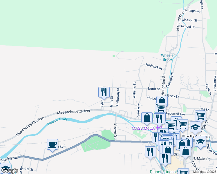 map of restaurants, bars, coffee shops, grocery stores, and more near 237 Adams Street in North Adams